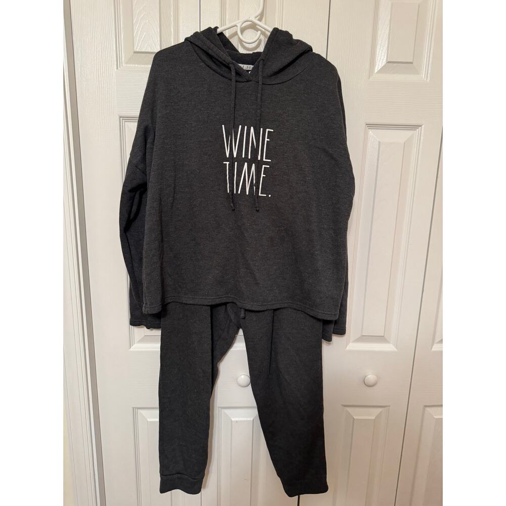 Rae Dunn Relaxed Hoodie and pants Women's XL Dark Gray WINE TIME